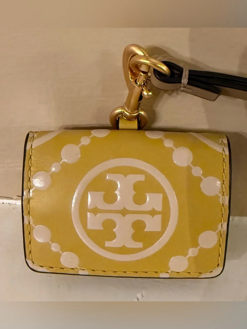 Tory Burch T Monogram Embossed Leather AirPods Pro Case Golden Sunset Yellow EUC